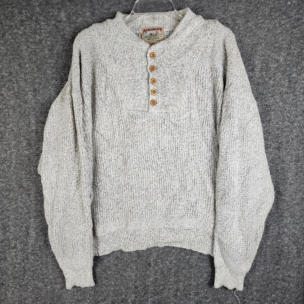 Adirondack Henley Sweater Mens XL Marled Cotton Chunky Knit Ribbed Wood‎ Button